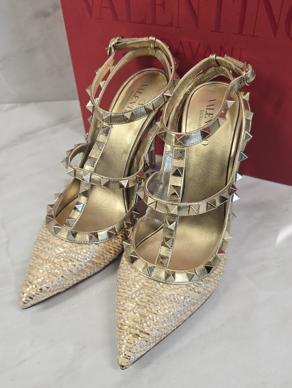 Valentino Rockstud Metallic Woven Heels